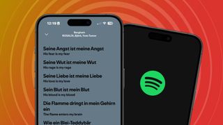 Two iPhones, one showing the Spotify logo and the other showing live lyric translations in the Spotify app 