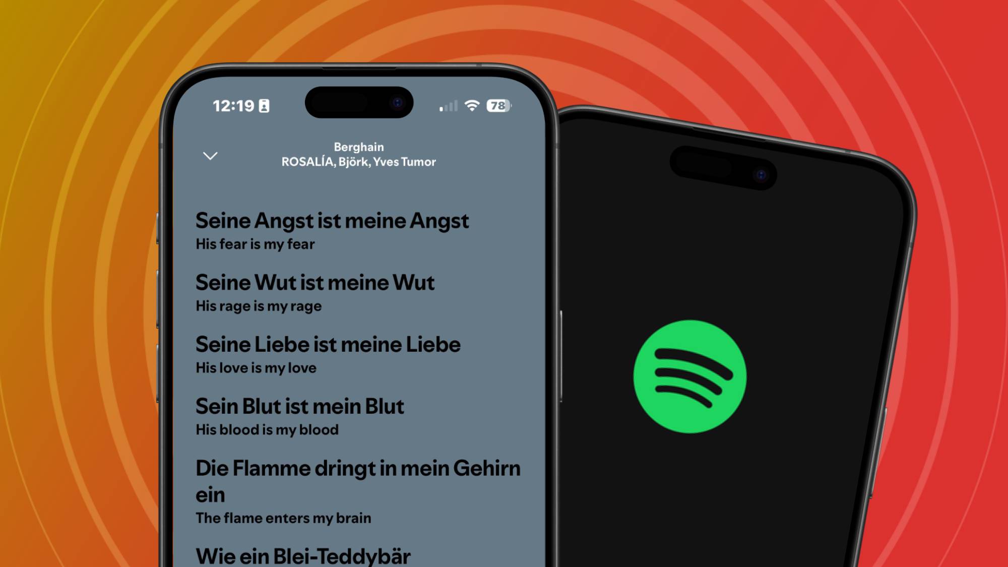 Two iPhones, one showing the Spotify logo and the other showing live lyric translations in the Spotify app 