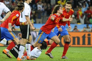 Carles Puyol celebrates after scoring for Spain against Germany in the World Cup semi-finals in 2010.