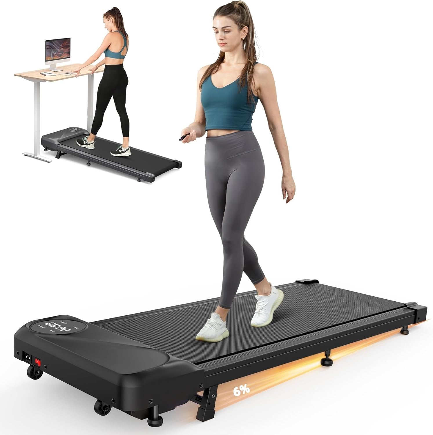 Therun Walking Pad Treadmill With 6% Incline, Portable Under Desk Treadmill With Remote and Led Display, Walking Jogging Machine With 2.5hp Powerful Motor &amp;amp; 265 Lbs Weight Capacity for Home Office
