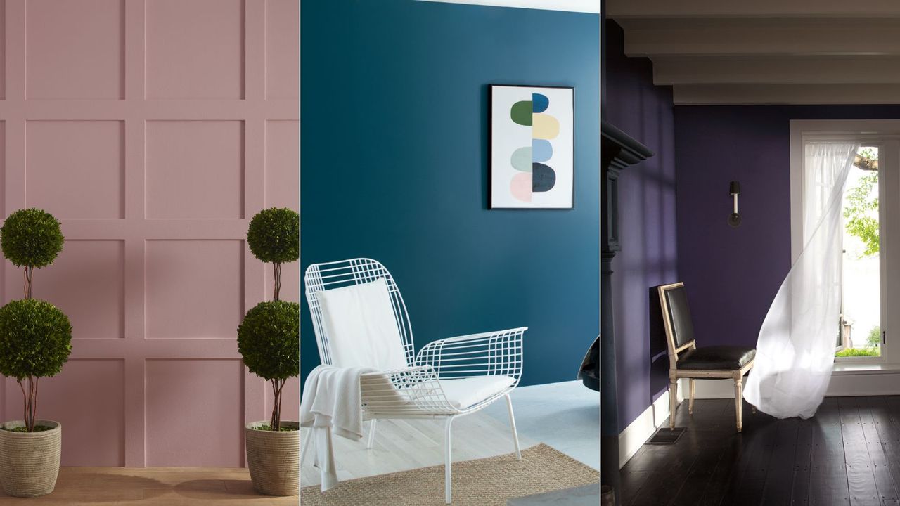 three images: dusty pink panelled wall, dark blue wall in living room, dark living room with purple walls