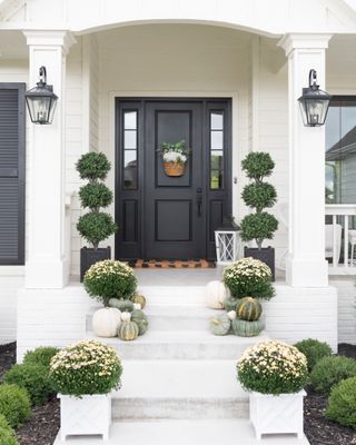 fall front door decor, contemporary grey door with hanging basket