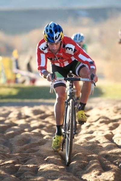 Tim Johnson leads Cannondale-Cyclocrossworld.com teammate Jeremy Powers up the sand hill.
