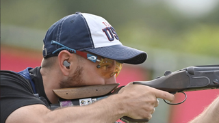 Vincent Hancock of Team United States pulls the trigger ahead of the shooting live stream at Olympics 2024