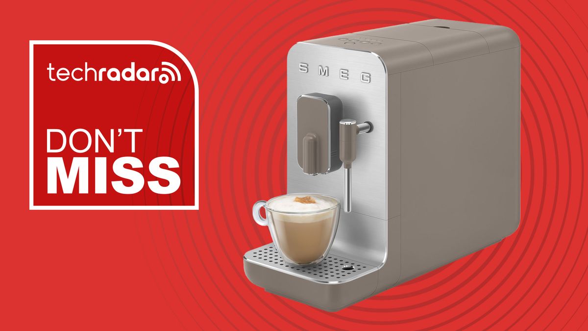 Smeg coffee maker on red background with words &quot;TechRadar don&#039;t miss&quot;