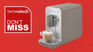 Smeg coffee maker on red background with words "TechRadar don't miss"