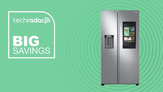 Samsung refrigerator on green background with big savings text overlay