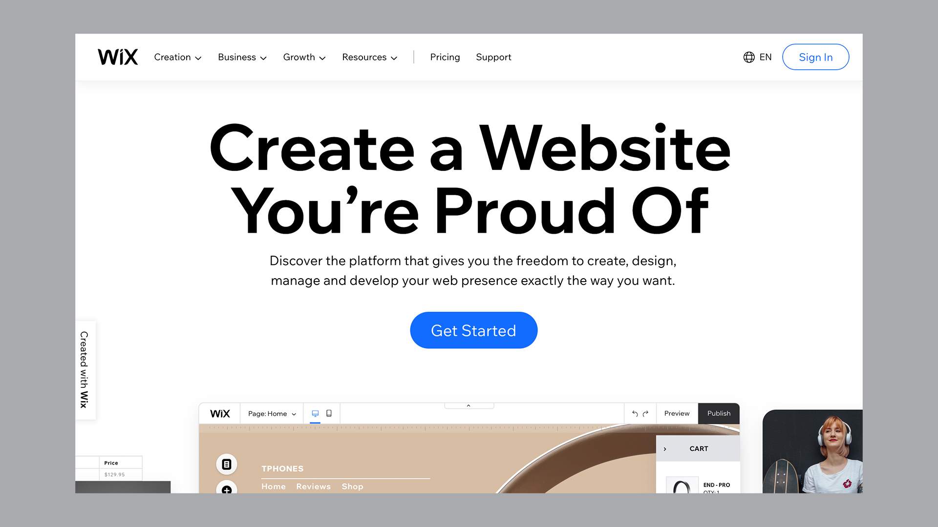 Homepage of Wix, one of the best free blogging platforms, with the headline 'Create a Website You're Proud of'