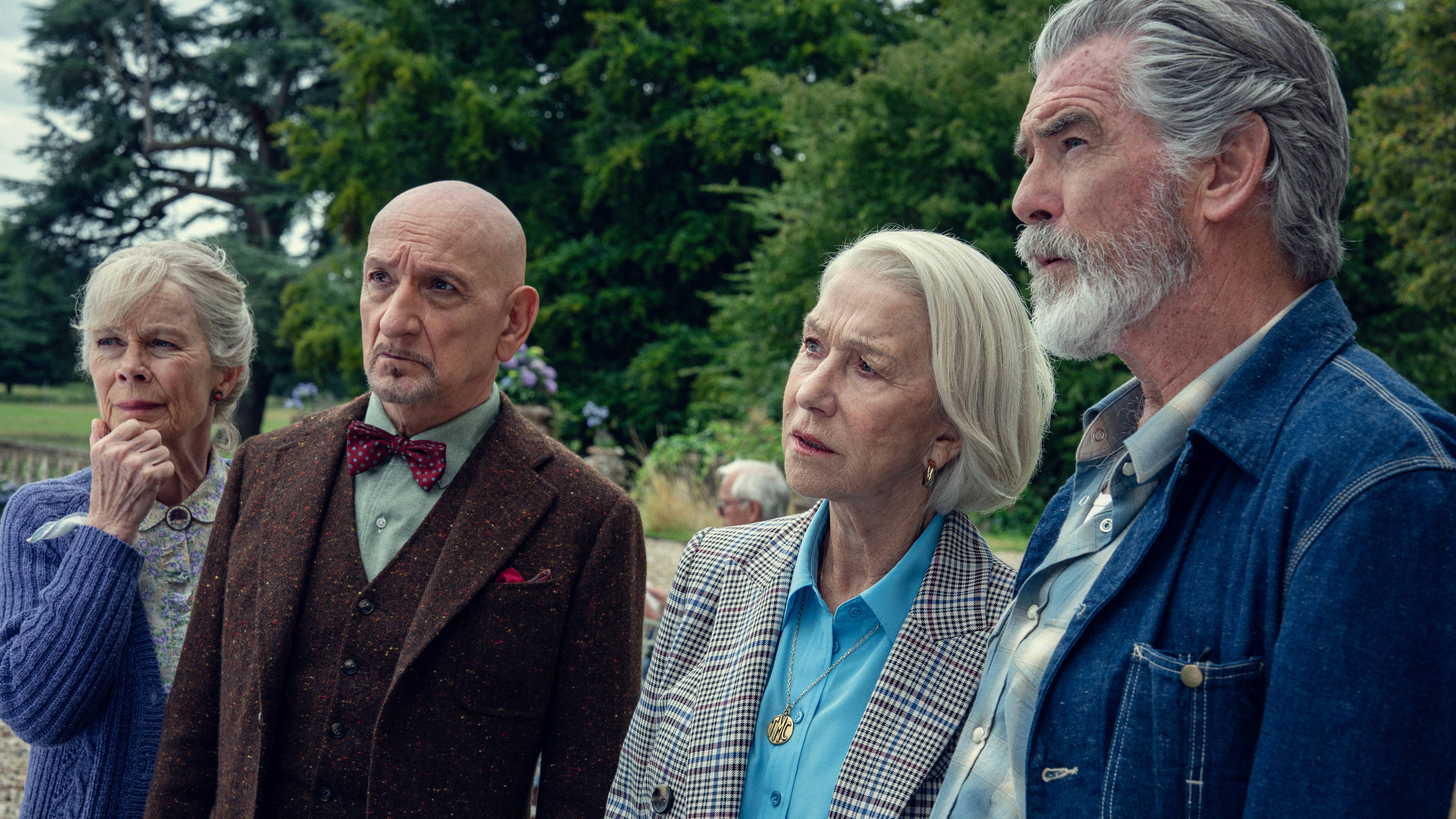 Thursday Murder Club members Joyce (Celia Imrie), Ibrahim (Ben Kingsley), Elizabeth (Helen Mirren), and Ron (Pierce Brosnan)