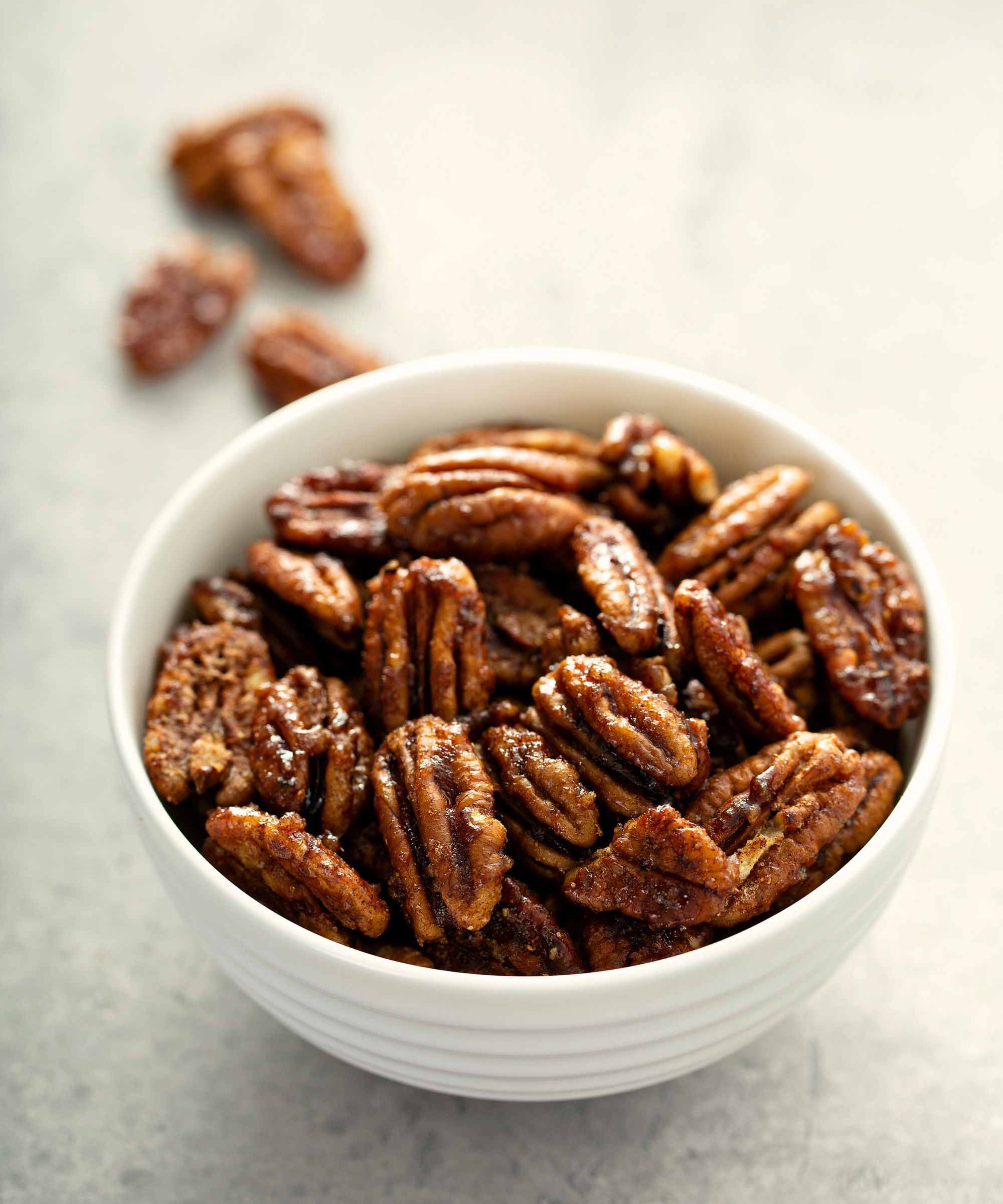 Candied Pecans in a white bowl