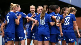 Magdalena Eriksson celebrates with Chelsea team-mates after scoring against Arsenal in the Women's Super League in May 2023.