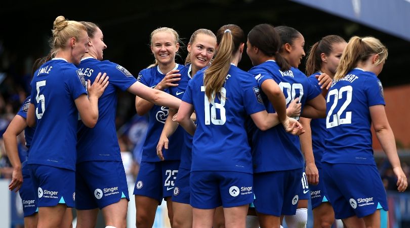 Magdalena Eriksson celebrates with Chelsea team-mates after scoring against Arsenal in the Women&#039;s Super League in May 2023.