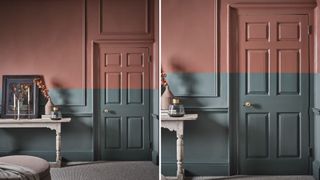 Dining room painted pink and teal with the door painted the same colour as the walls
