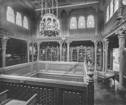 Fig 2: Lord Brassey’s Indian Museum, 24, Park Lane, Mayfair, W1. This Rajput-style interior, designed by Caspar Purdon Clarke, head of the Indian section of the South Kensington Museum, was originally made by Indian craftsmen for the Indian & Colonial Exhibition of 1886. The room was posthumously presented to Hastings, East Sussex, and, today, forms the ‘Durbar Hall’ of the town museum. ©Historic England Archive