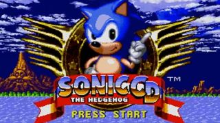 Sonic stands holding one finger up on the title screen for Sonic CD.