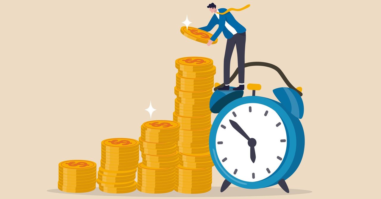 Illustration of compound interest – a man standing on stack of gold coins with a clock showing time passing.