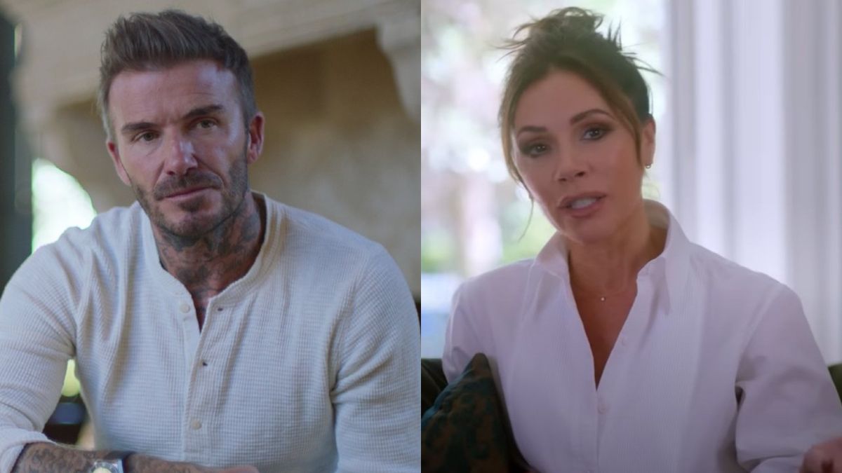 From left to right: a side-by-side of David Beckham looking serious and Victoria Beckham talking to the camera in the documentary Beckham.