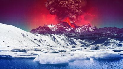 Volcano erupting in an Icelandic landscape