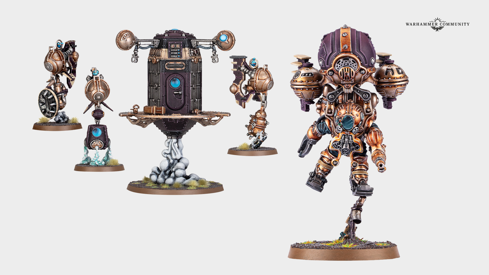 A variety of Kharadron Overlords equipment on a plain background, with a Warhammer Community Logo in the top right-hand corner of the frame