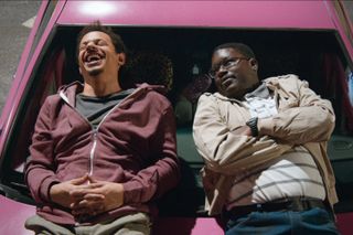 Eric Andre and Lil Rel Howery star as Chris and Bud in 'Bad Trip,' a hidden-camera comedy about two friends on a road trip to New York so one of them can reunite with his high school crush.