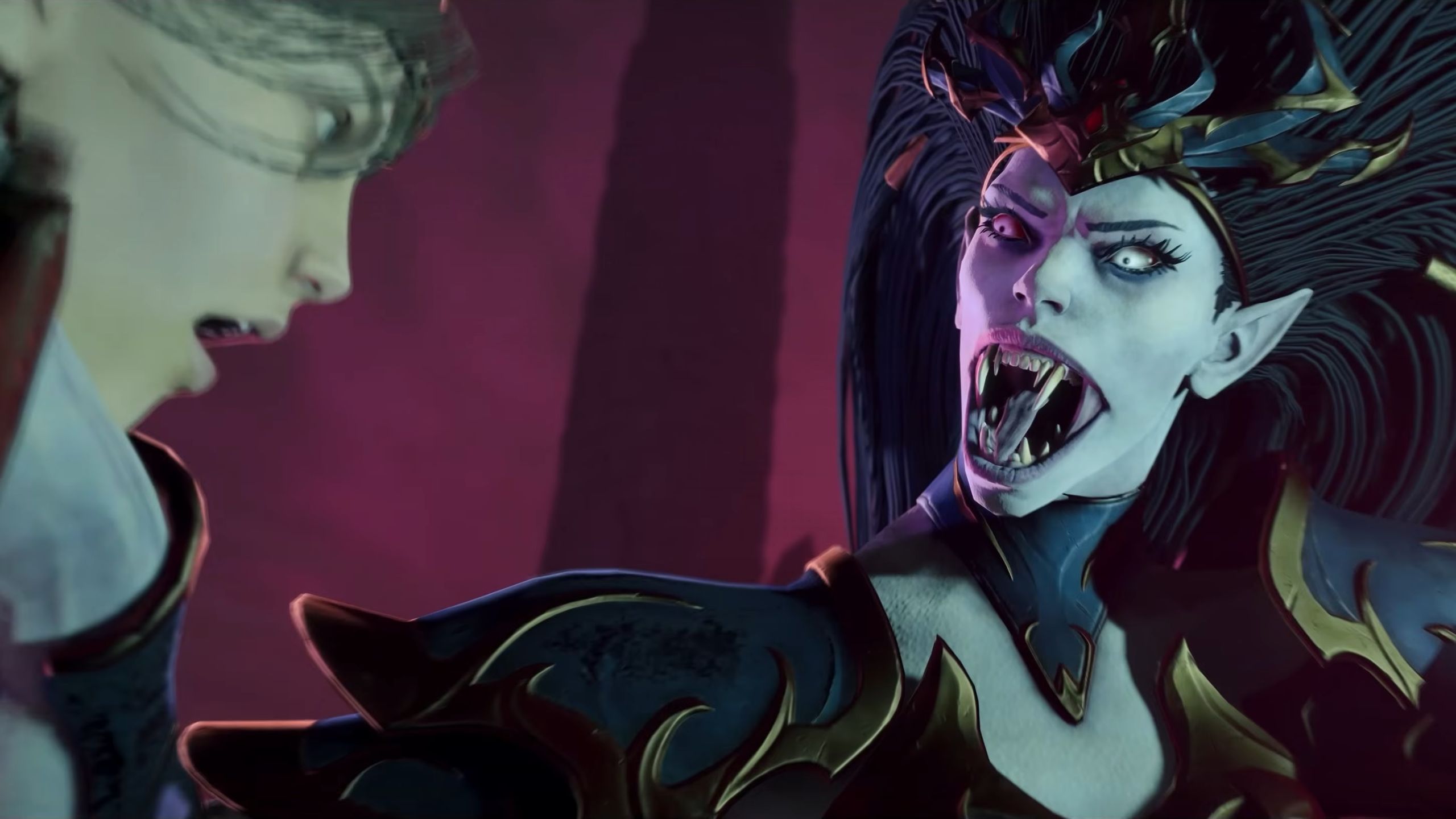 Dechala bares her fangs at a captured elf