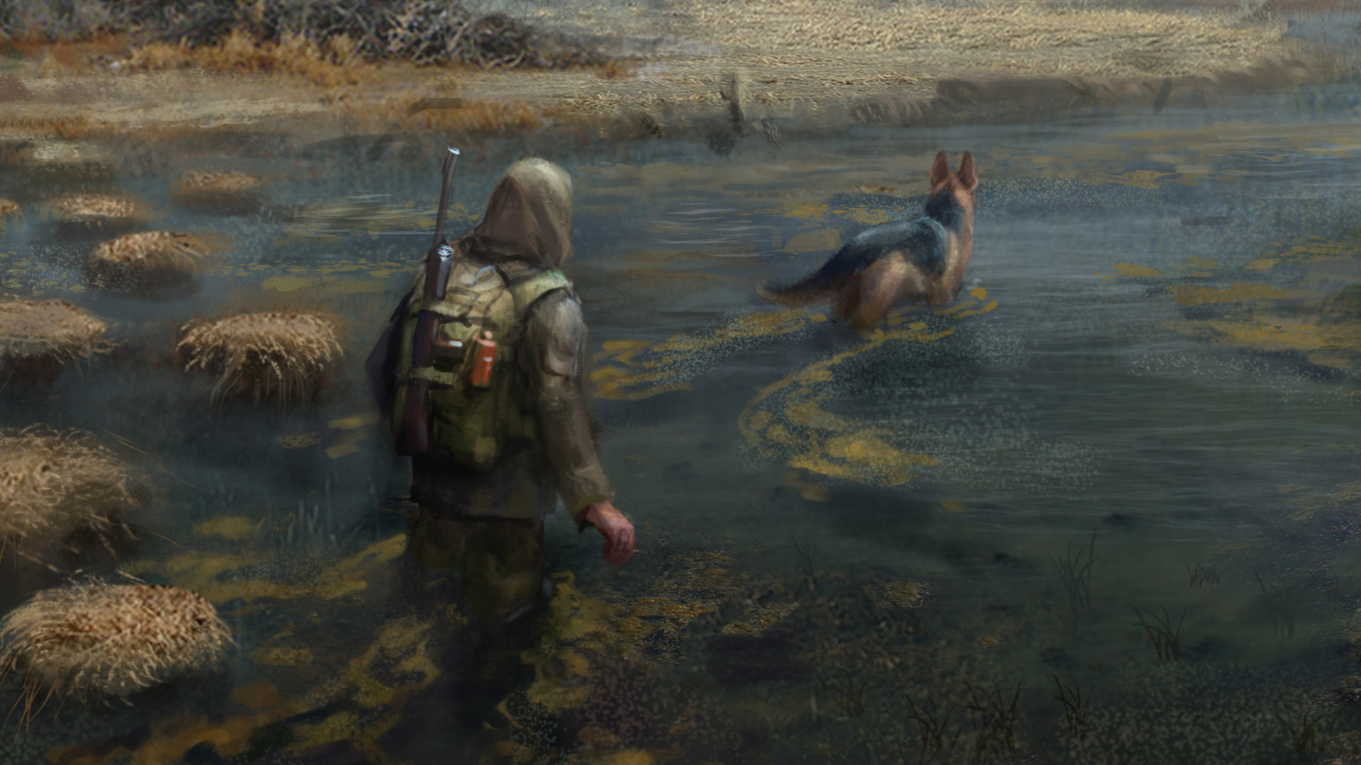 A hooded figure follows a dog through a swamp