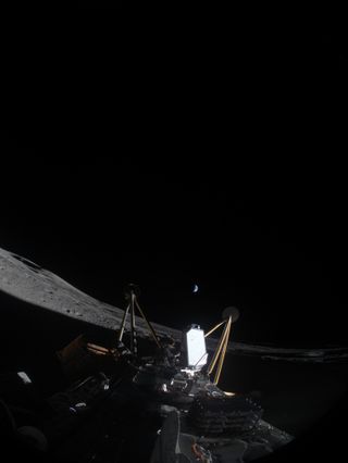 An image of a moon lander on its side on the moon, with earth visible in the distance