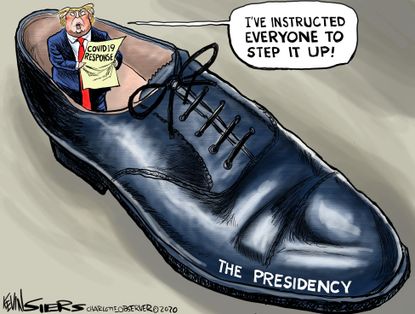 Political Cartoon U.S. Trump Coronavirus COVID-19 response big steps shoe