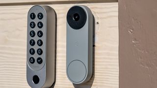 Google Nest Doorbell (wired, 3rd gen) mounted to an exterior wall next to a numerical keypad
