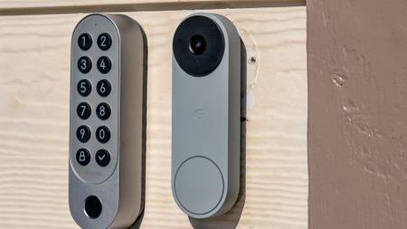 Google Nest Doorbell (wired, 3rd gen) mounted to an exterior wall next to a numerical keypad