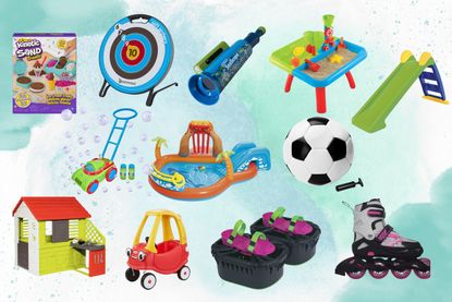 best outdoor toys and games for kids of all ages including footballs, swingball, a slide, trampoline and skates.