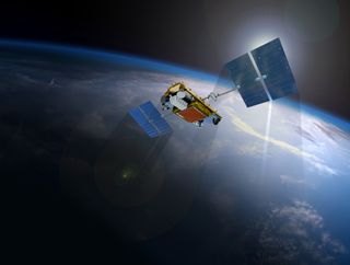 A illustration of an Iridium NEXT satellite in orbit.