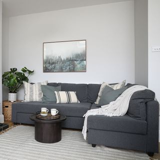 Sitting area with a grey corner sofa, throw and cushions