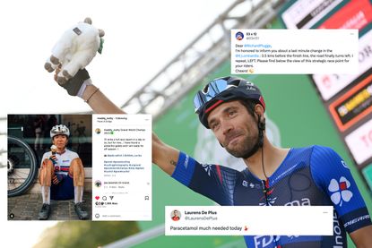Thibaut Pinot on the podium of Il Lombardia with social media posts on top