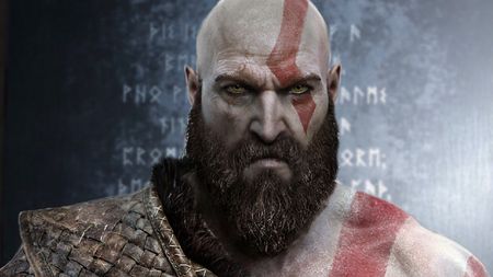 A photo illustration showing Kratos in front of a runic message.