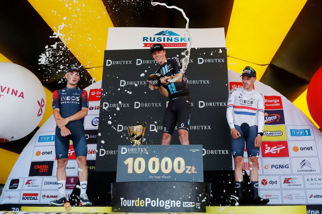 Thymen Arensman celebrates his first pro win on the podium of stage 6 of Tour de Pologne 2022