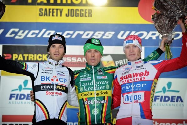 The final podium; (l-r) Niels Albert (BKCP), Sven Nys (Landbouwkrediet), Klaas Vantornout (Sunweb - Revor)