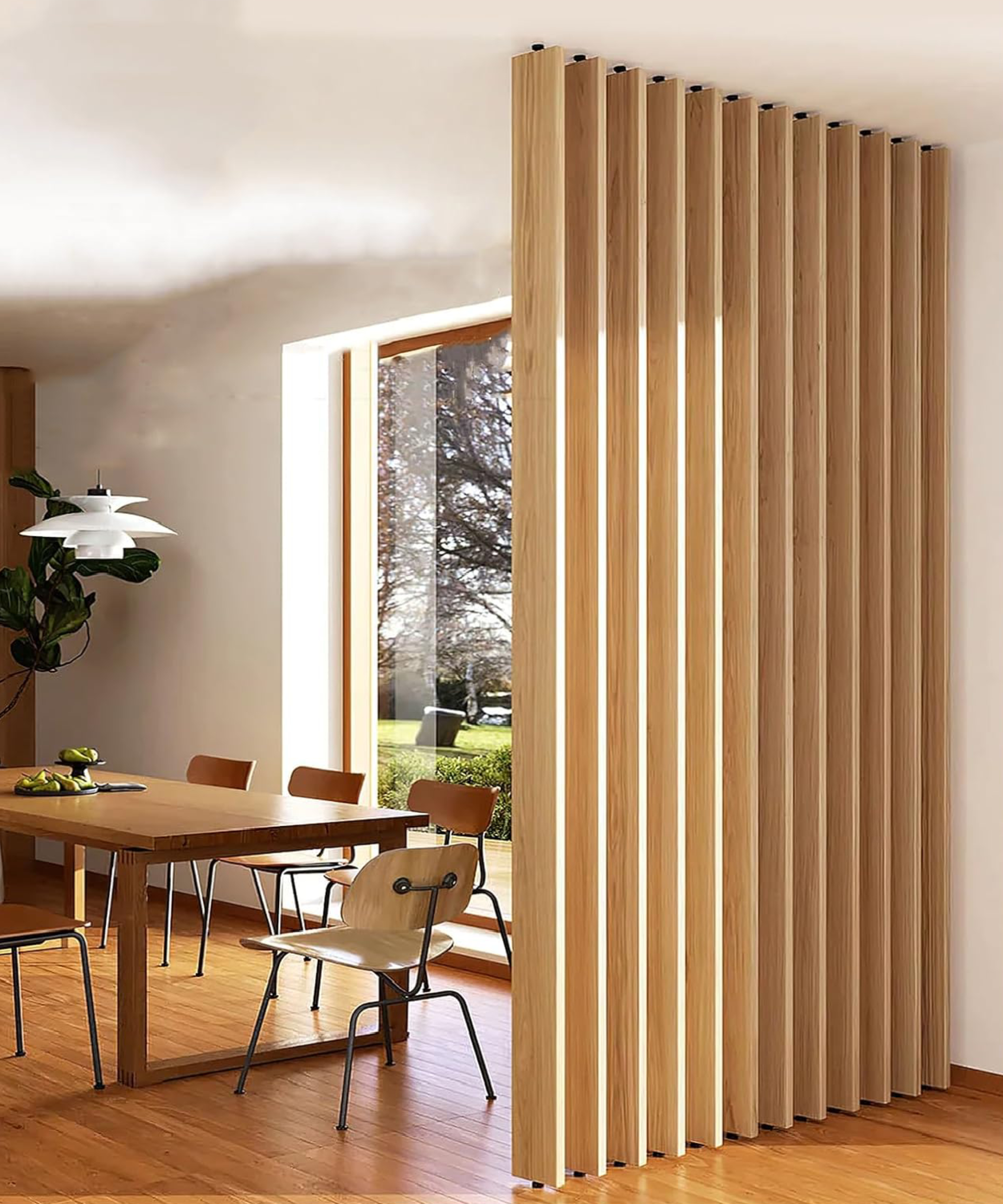 pale wooden partition slats being used to zone dining area