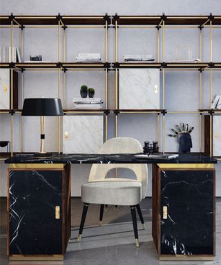 Black and white office idea with marble desk design
