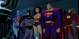 Martian Manhunter, Batman, Wonder Woman, Superman, and The Flash in Justice League