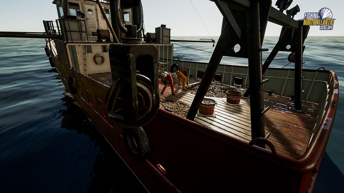 A screenshot from the game Fishing: North Atlantic's Scallops expansion. There are boats and scallops.