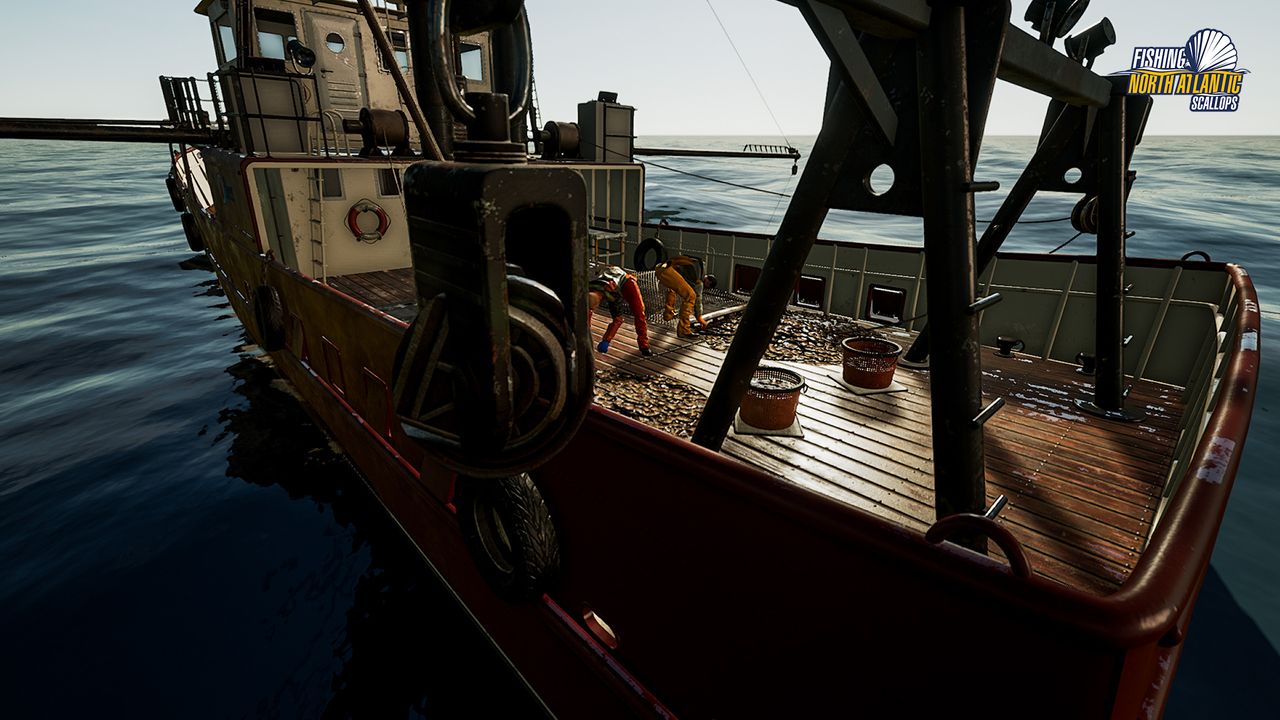 A screenshot from the game Fishing: North Atlantic's Scallops expansion. There are boats and scallops.
