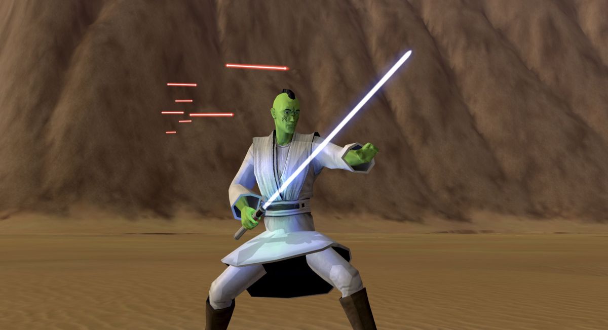 A mirialan Jedi holds a lightsaber