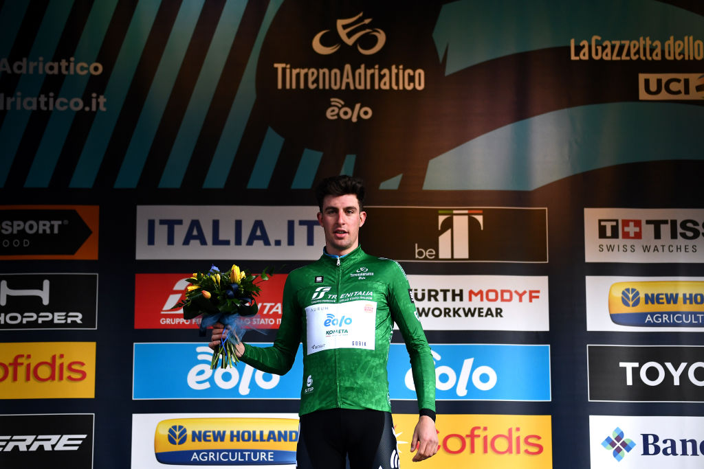 TERNI ITALY MARCH 09 Davide Bais of Italy and EoloKometa Cycling Team Green Mountain Jersey celebrates at podium during the 57th TirrenoAdriatico 2022 Stage 3 a 170km stage from Murlo to Terni TirrenoAdriatico WorldTour on March 09 2022 in Terni Italy Photo by Tim de WaeleGetty Images