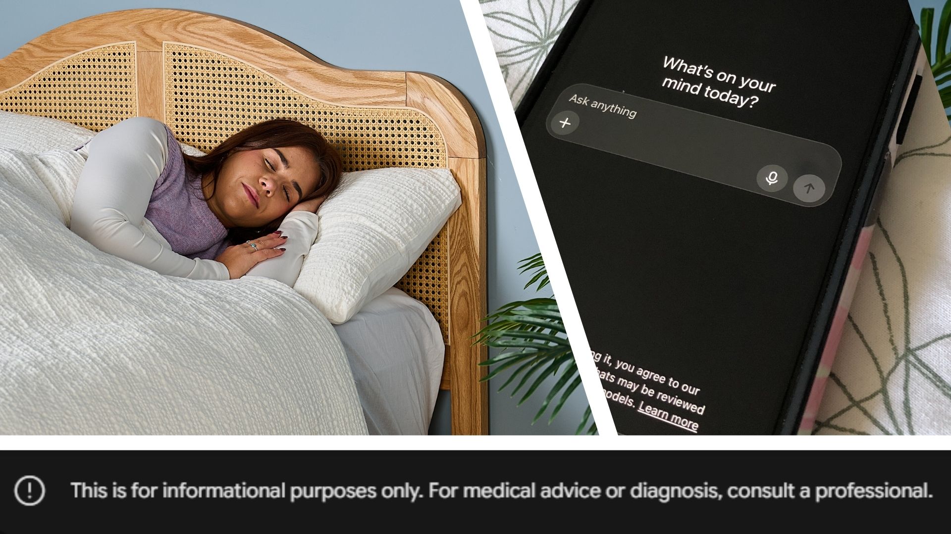 A collage featuring an image of a sleeping woman, a smart phone displaying ChatGPT home page, and a disclaimer from Google Gemini.