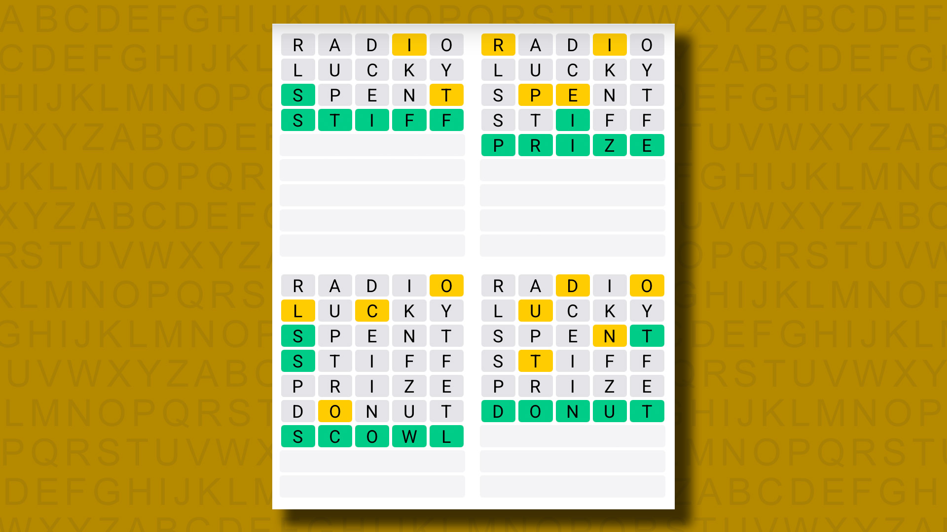 Quordle answers for game 1124 on a yellow background