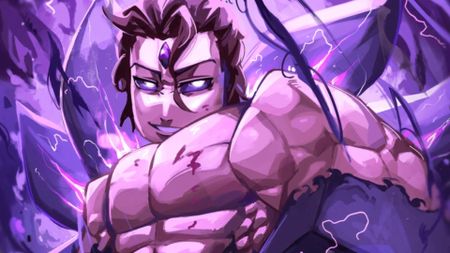 A muscled character with a purple gem on his forehead appears in a promotional image for Anime Squadron.