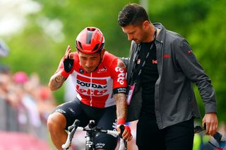 VISEGRAD HUNGARY MAY 06 Caleb Ewan of Australia and Team Lotto Soudal crosses the finish line injured after being involved in a crash during the 105th Giro dItalia 2022 Stage 1 a 195km stage from Budapest to Visegrd 337m Giro WorldTour on May 06 2022 in Visegrad Hungary Photo by Tim de WaeleGetty Images