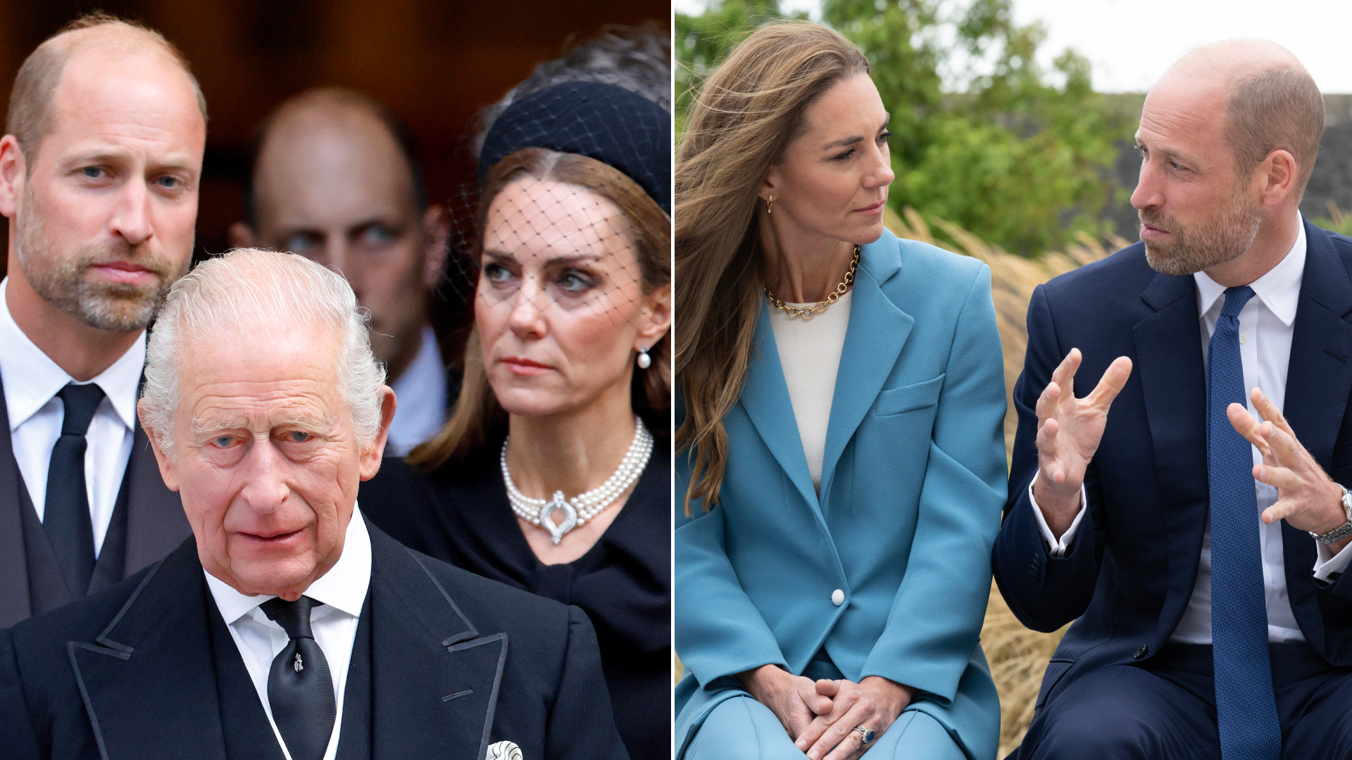 Prince William and Princess Kate stand behind King Charles while all three look serious and wear black