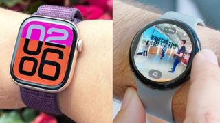 Close ups of the Apple Watch 10 on a user's wrist next to the Google Pixel Watch 3